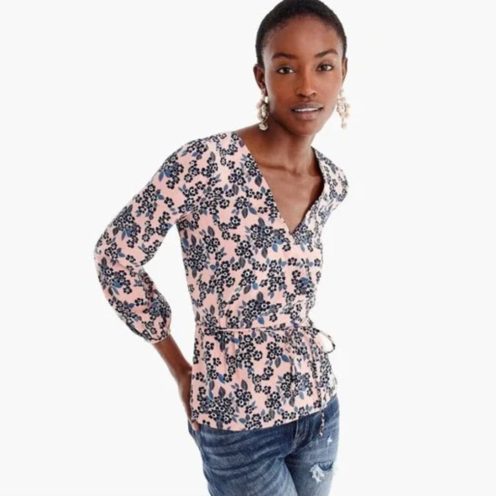 J.Crew Drapey Crepe Faux-Wrap Top in Blush Bouquet, sz 12 tall